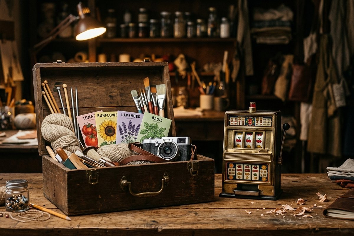 Kotak kayu berisi perlengkapan awal berbagai hobi di atas meja kerja dengan gulungan slot mainan bergambar ceri menyala hangat